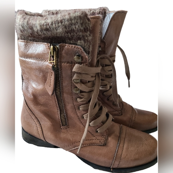 STEVE MADDON JENNYYY BROWN LEATHER COMBAT BOOTS LACE UP & ZIPPER TEXTILE LINING - Picture 10 of 15